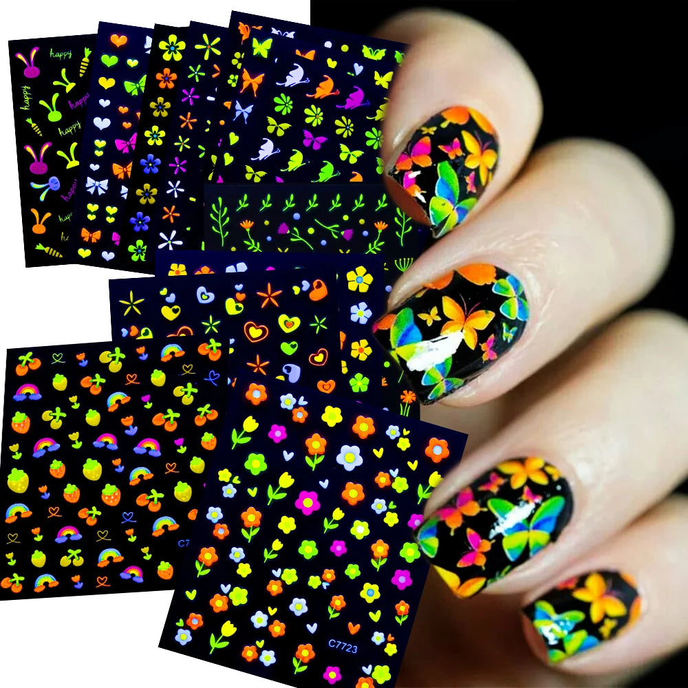 24Pcs 3D Fluorescent Flower/Butterfly Nail Stickers Glow in the Dark Adhesive Decals Neon Floral Sticker for Party Nails Decor *