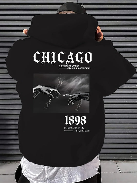 New Autumn and Winter Men's Retro 1898 Lightning Print Soft and Comfortable Hooded Sweatshirt Outdoor Street Style Clothing