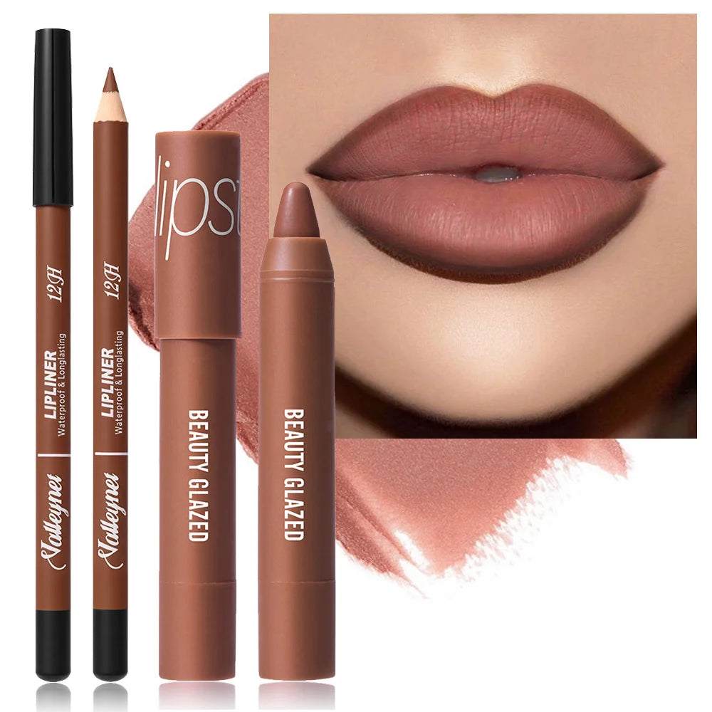 2Pcs/Set Lipliner + Lipstick Matte Waterproof Long-Lasting Lip Color Set - Lip Liner + Moisturizing Lipstick Cosmetics