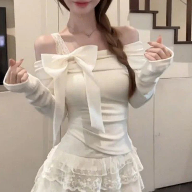 Sweet Bow Off-Shoulder Long Sleeve Shirt