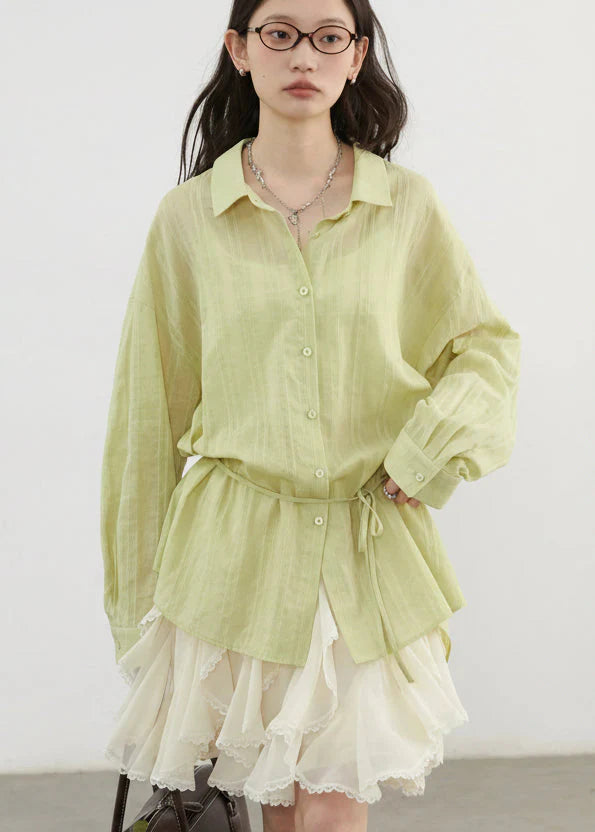 Textured Striped Waist Shirt Long Sleeve Summer Blouse