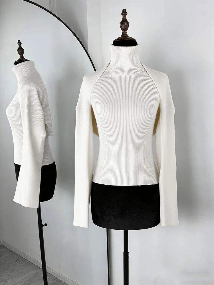 Trendix Knit Tank Top Sets For Women Fashion High Neck Vest And Long Sleeve Shawl 2 Piece Suits Sexy Backless Knitwear Top Femme