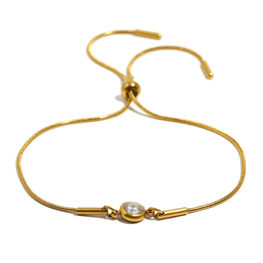 E.B.belle Colorful Round Zircon Birthstone Snake Chain Adjustable Bracelet Chain Gold Plated Stainless Steel Women Chic Jewelry