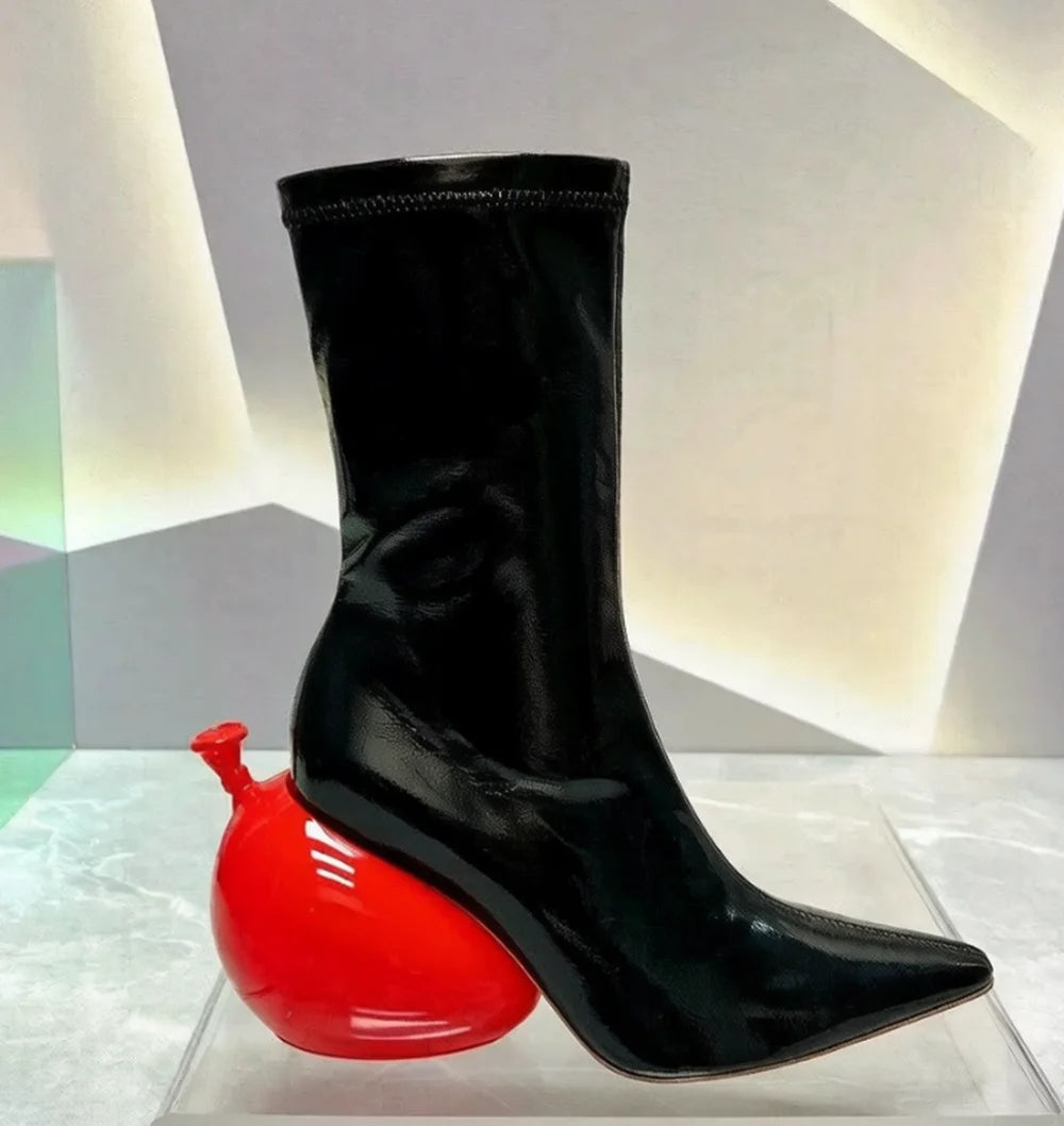 Glossy Red Patent Leather Pointed-Toe Ankle Boots Unique Balloon Heels Design High-Fashion Style for Runway & Artistic Ensembles