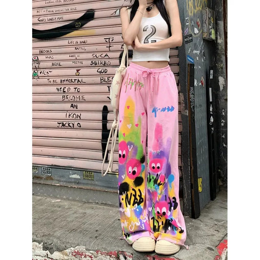 Pink Wide Leg Pants High Waist Loose Graffiti Casual Long Trousers Sweatpants Women's Walking Pants Comfortable Street Style