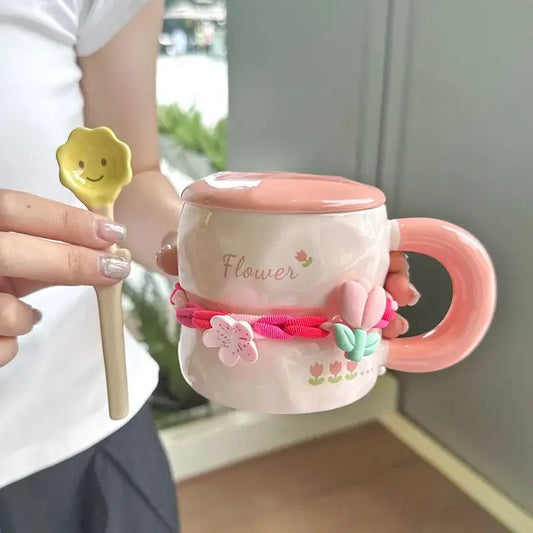 390ML Hand-Painted Flower Tea Cup Ceramic Mug Lid with Spoon Office Drinkware Cups Tea Coffee Milk Juice Bottle Creative Gift