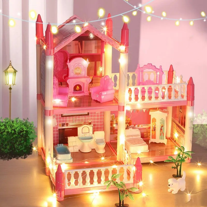 Dream Princess Castle Villa DIY 3D Assembled Doll House Set Toys With LED Ligh Furniture Puzzle Toys for Girls Birthday Gifts