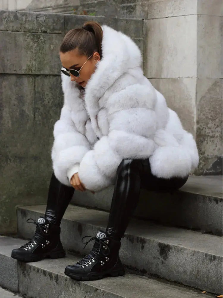 Real Fox Fur Winter Jacket with Oversized Hood