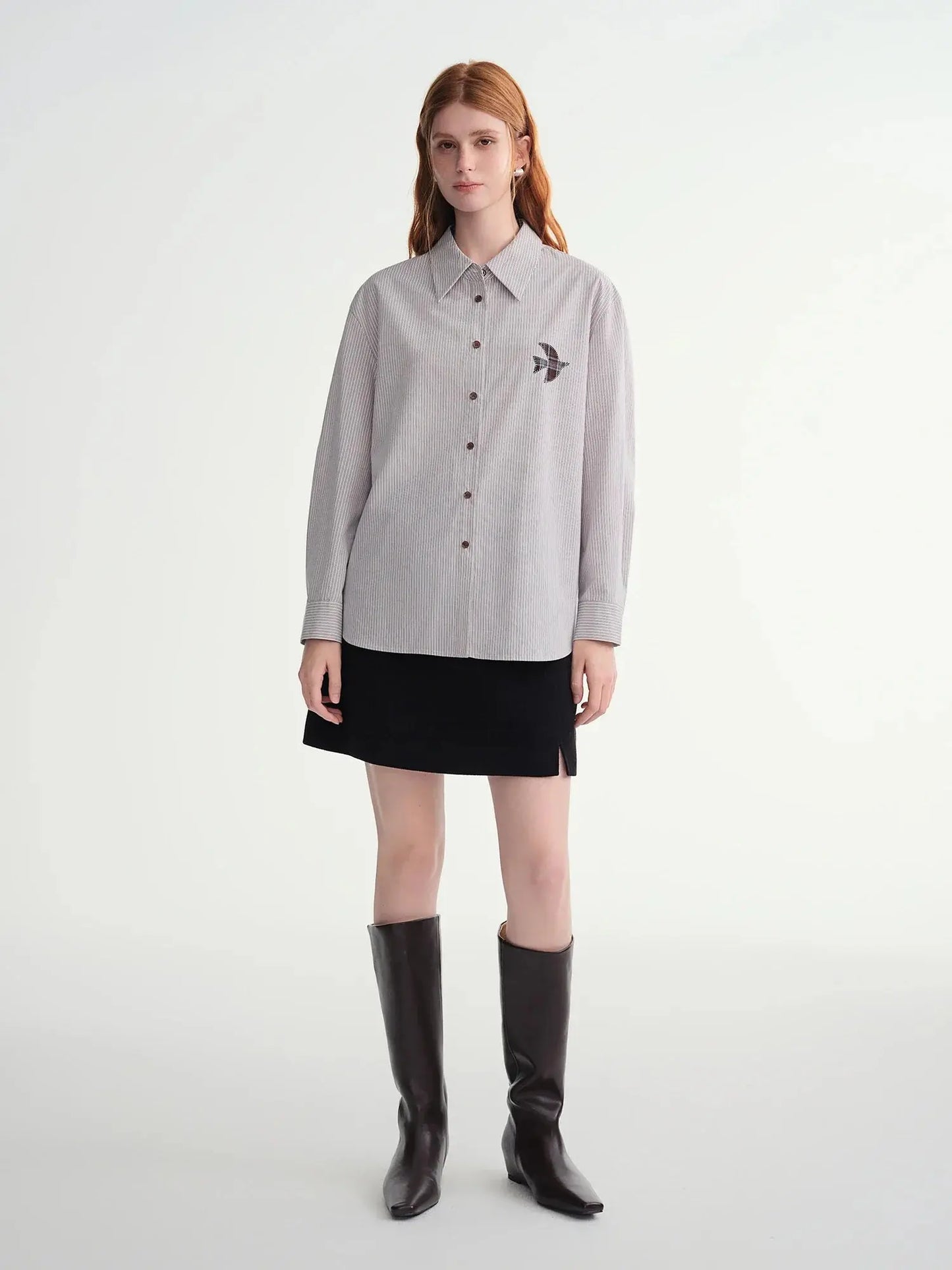 Plus-Size Birds Appliqué Checkered Stripe Shirt