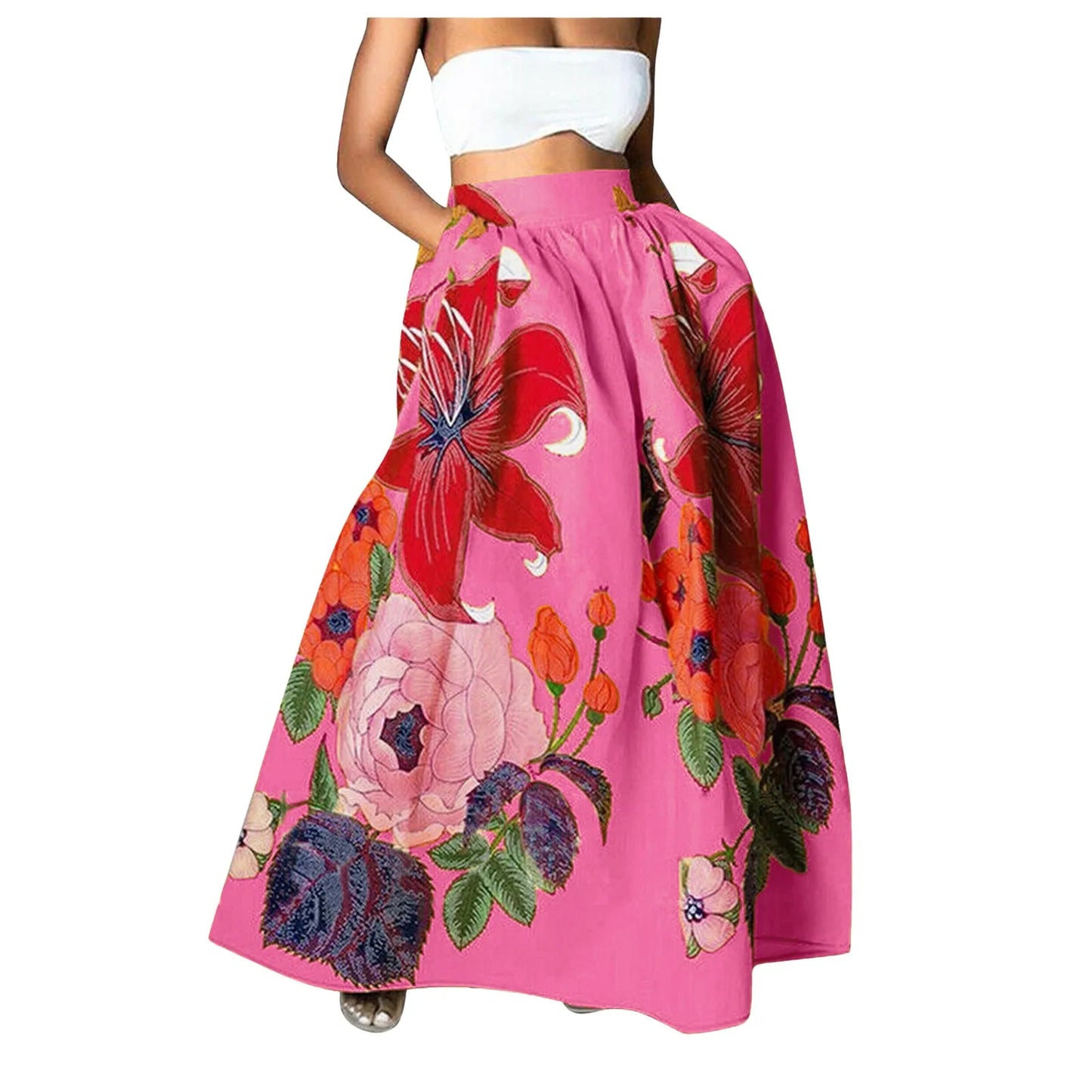 Bohemian Women Long Skirt Large Swing High Waist Floral Printing A-Line Skirt Women Faldas Fashion Casual Party Skirt Pockets