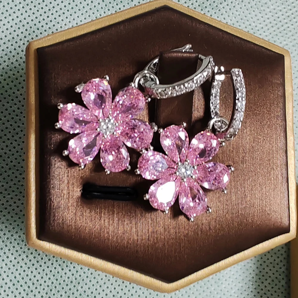 Pink Flower Sparkling Zircon Silver Drop Earrings for Women Vintage Jewelry Wedding Engagement Hoop Earrings Gifts