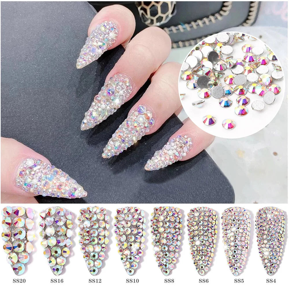 1440pcs Nail FlatBack Crystal Rhinestone Clear/AB Glass Strass (SS3-SS20)3D Nail Gem Stones Non-HotFix Nail Rhinestone 1.3-4.8mm