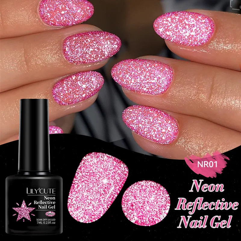 LILYCUTE 7ml Neon Reflective Nail Gel Polish Dark Flash Glitter Effect Fluorescent Gel Soak Off UV Gel Summer Nail Art Varnish