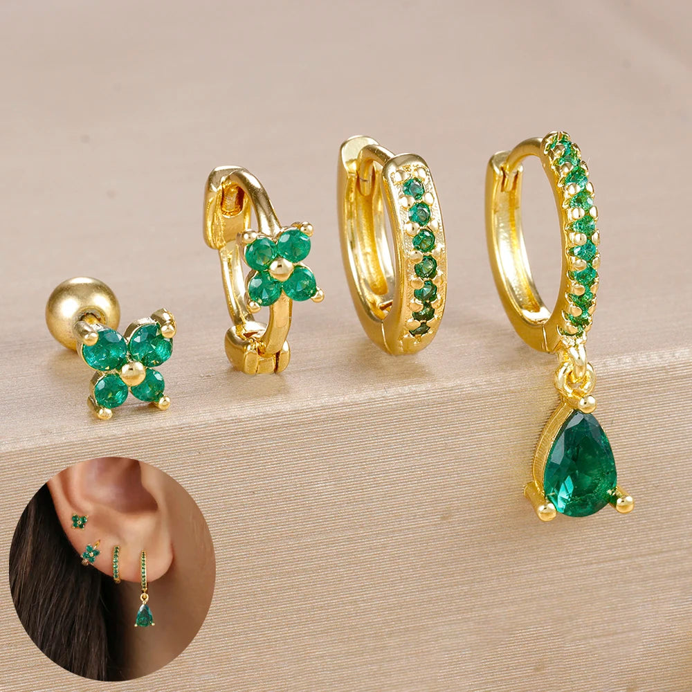 4pcs Stainless Steel Zircon Water Drop Earrings Set