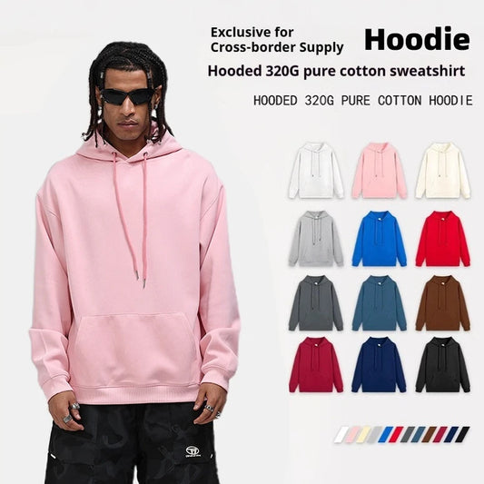 New Men's Cotton Hooded Loose Fit Hoodie Streetwear Pullover American Style Solid Color Long Sleeve Casual Essentials Hoodies