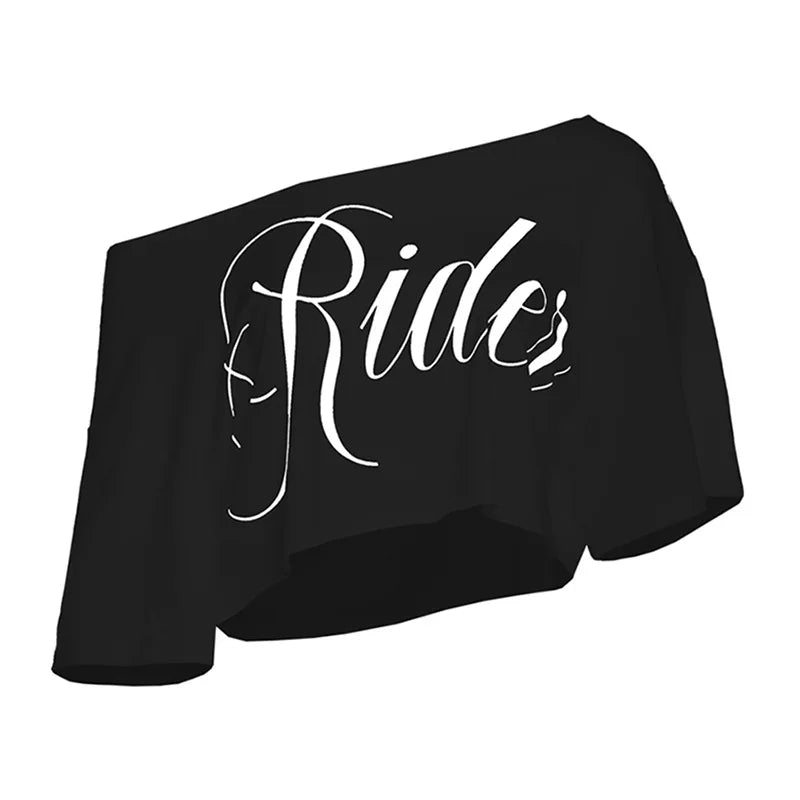 Letter Print Oversized Tees Women Skew Collar Off Shoulders Short Sleeves T-shirt Irregular Hem Hip-hop Style Trend Crop Tops