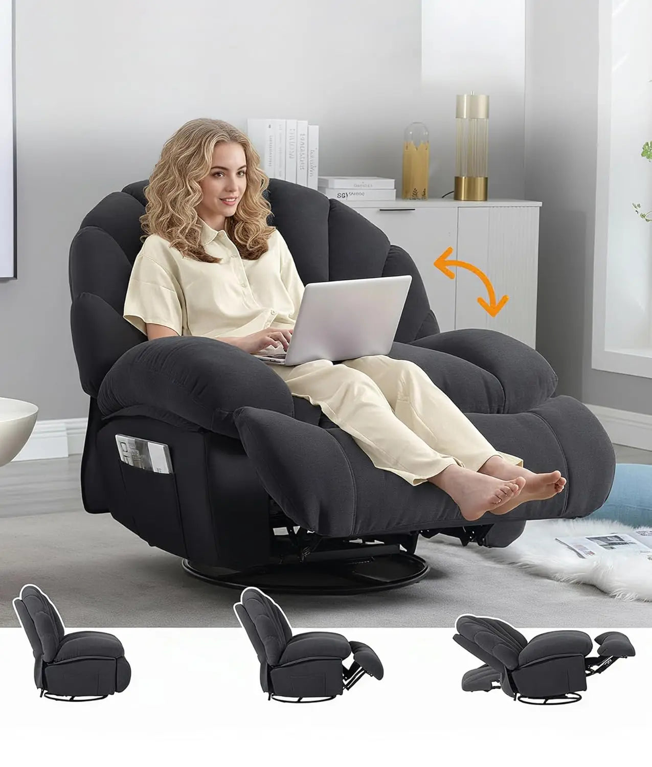 Shell Swivel Rocker Recliner Chair 360 Manual Big Tall Sofa Storage Pocket Living Bedroom Small Pink, Customized