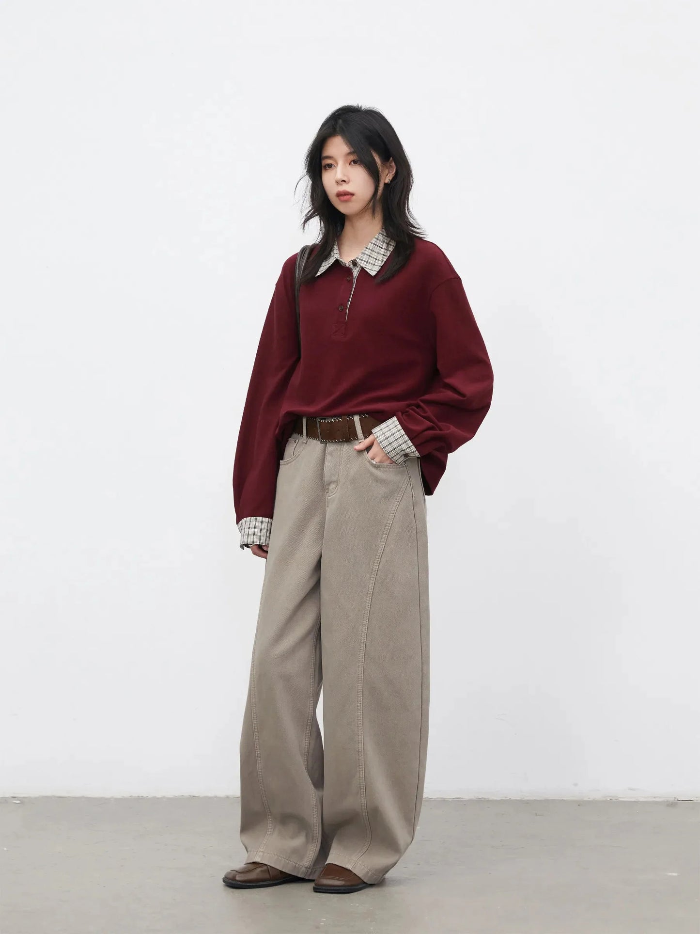 Color Block Plaid T-Shirt  Loose Casual Long Sleeve