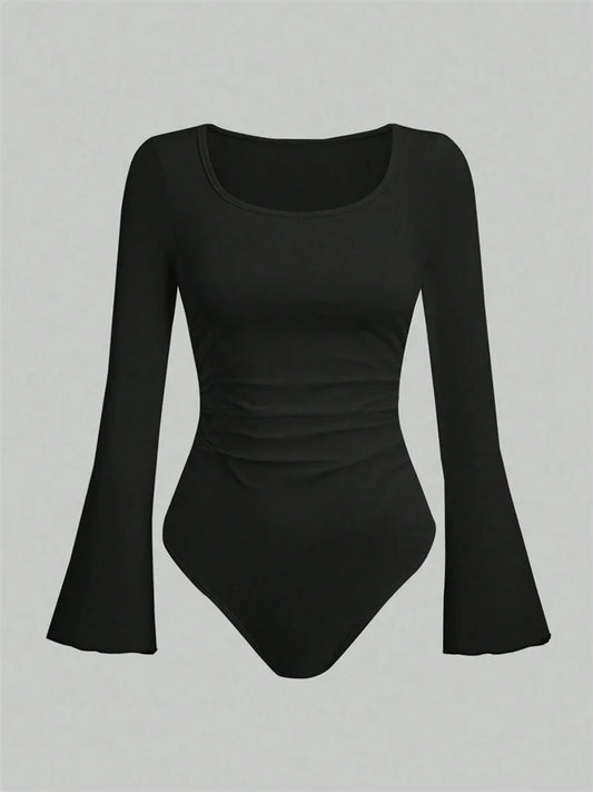Women's Solid Color Ruffle Hem Flare Long Sleeve Bodysuit Autumn Winter 2024 Round Neck Plain Ruched Slim Fit Romper Top