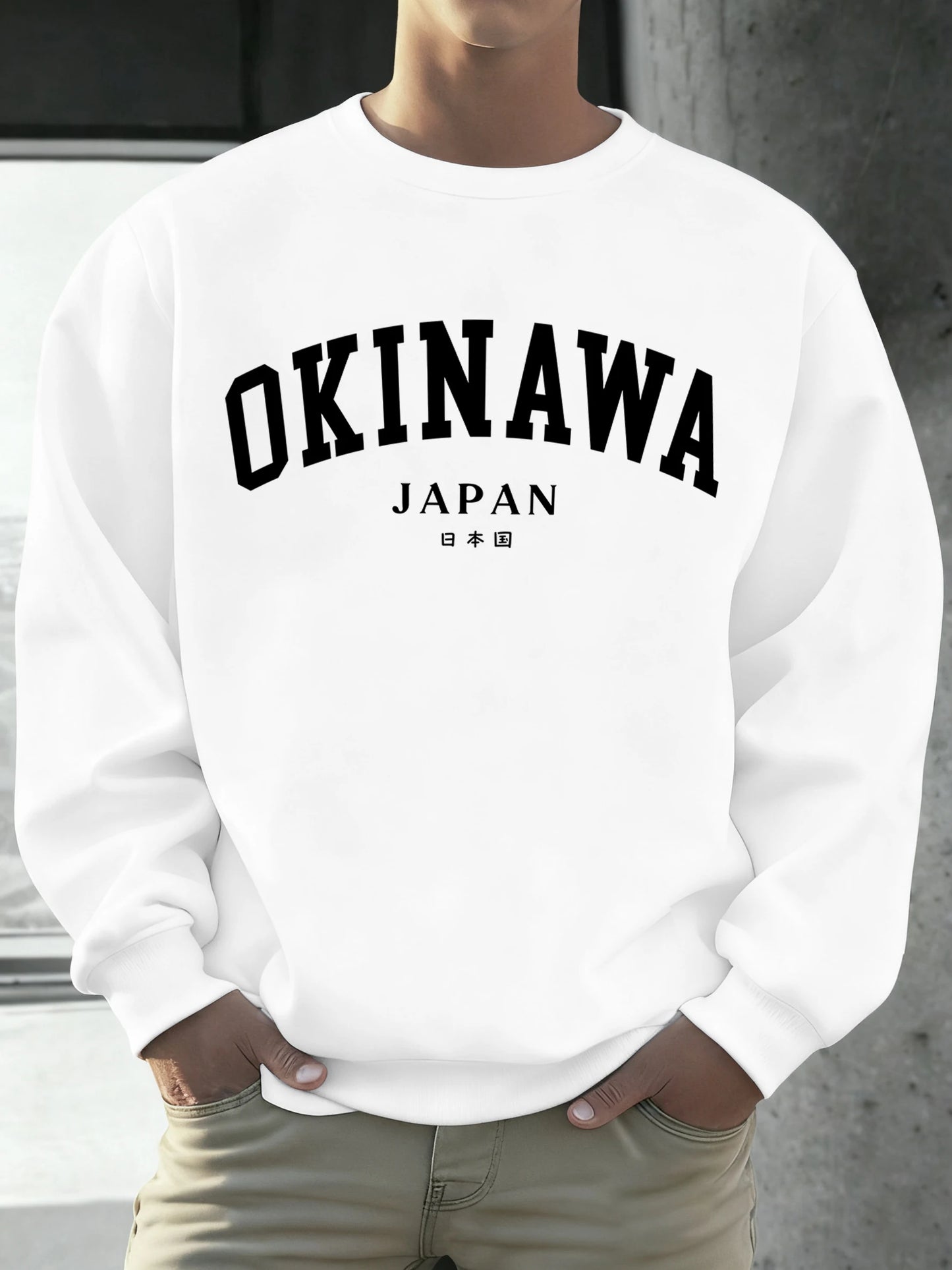 Okinawa Japan Letter Printed Male Sweatshirt Hip Hop Simple Long Sleeve Fleece Trendy Pullovers Unisex Loose All-Match Clothes