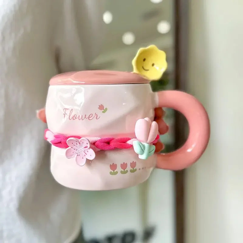 390ML Hand-Painted Flower Tea Cup Ceramic Mug Lid with Spoon Office Drinkware Cups Tea Coffee Milk Juice Bottle Creative Gift