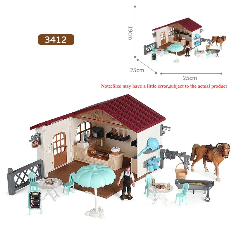 Oenux Farm Stable House Model Action Figures Emulational Horseman Horse Animals Playset Figurine Cute Educational Kids Toy Gift