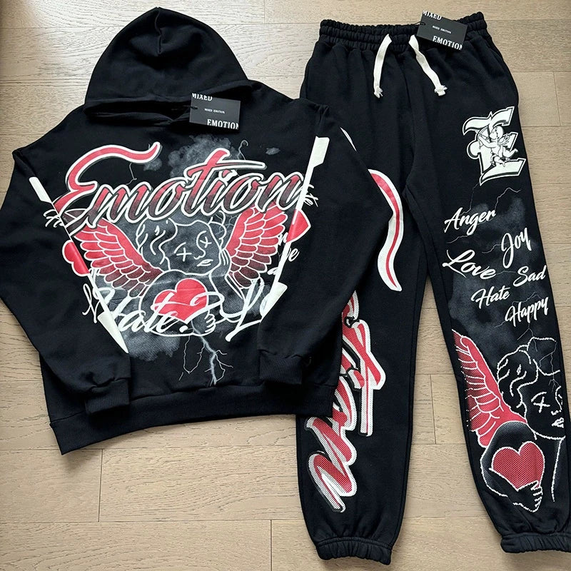 MIXED EMOTION 2-Piece Cotton Hoodie + Sweatpants Graffiti Print Sets