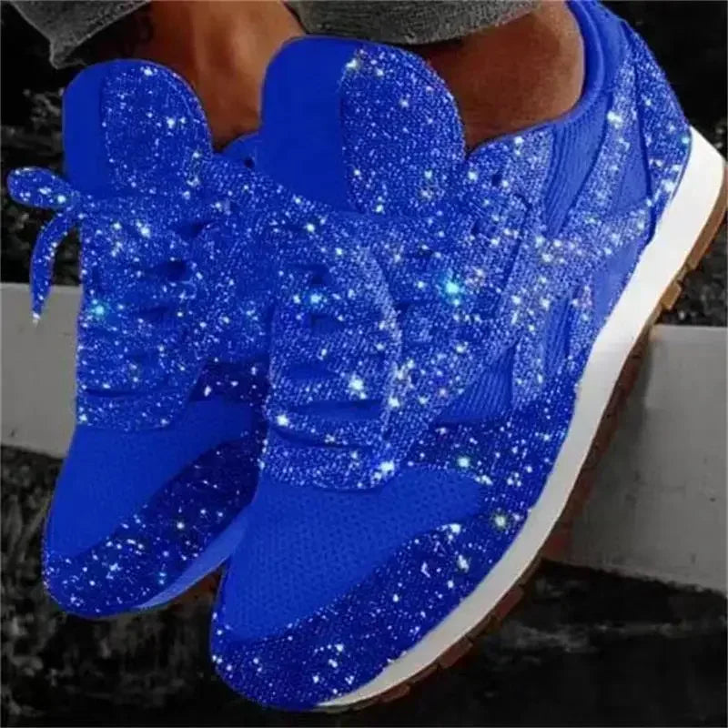 New Women Flat Sneakers Casual Bling Vulcanized Shoes Women Mesh Lace