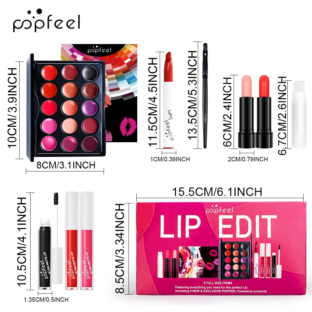 POPFEEL Lip Edit Set | Full-Size Lip Kit w/ Liners, Gloss & Palette | Essential Makeup Set for Perfect Lips | Trendy Beauty Gift