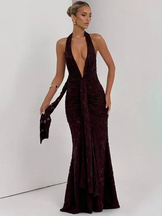 Women's  Deep V-Neck Backless Ruched Club Gown