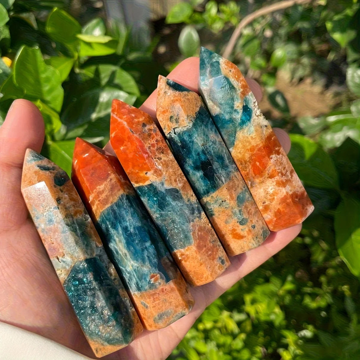 One Piece of Unique Blue Apatite Combined with Sunstone in a Crystal Tower Form - a Natural Gradient from Orange to Blue