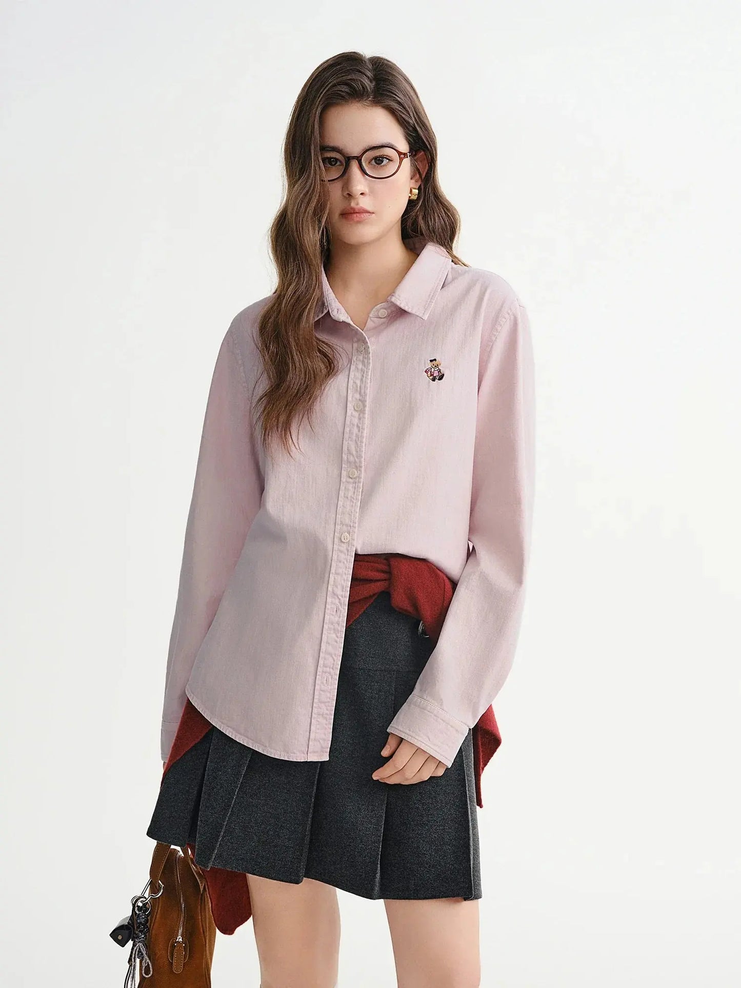 American Retro Bear-Embroidered Denim Shirt (Plus Size)