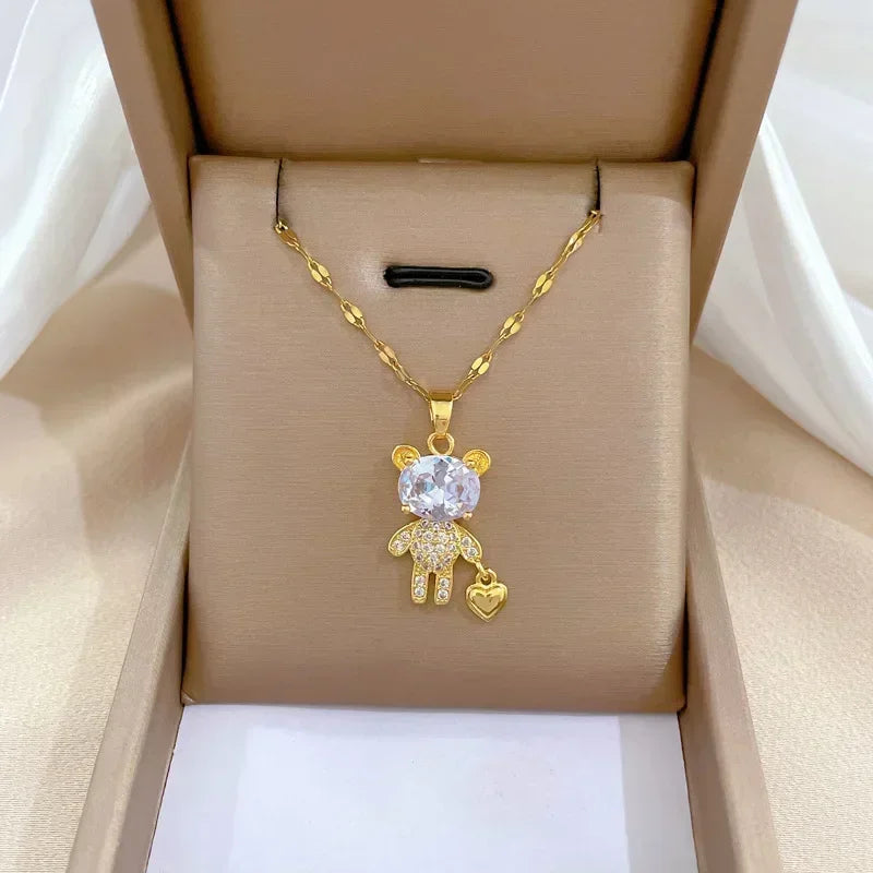 Gold Color Stainless Steel Chain Cute Shiny Zircon Bear Pendant Necklaces for Women Girls Lovely Luxury Jewelry Accessories Gift