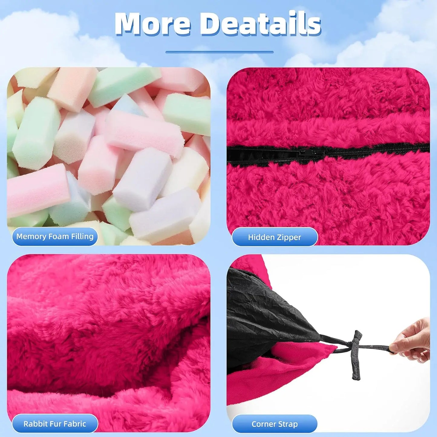 4 in 1 Bean Bag Chair, Giant Memory Foam Filling Bean Bag Sofa, Adult Bean Bag Chair, Machine Washable Faux Fur Cover (Rose Red)