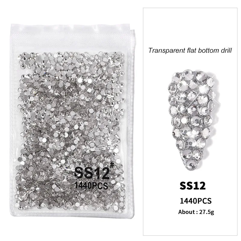 1440pcs Nail FlatBack Crystal Rhinestone Clear/AB Glass Strass (SS3-SS20)3D Nail Gem Stones Non-HotFix Nail Rhinestone 1.3-4.8mm