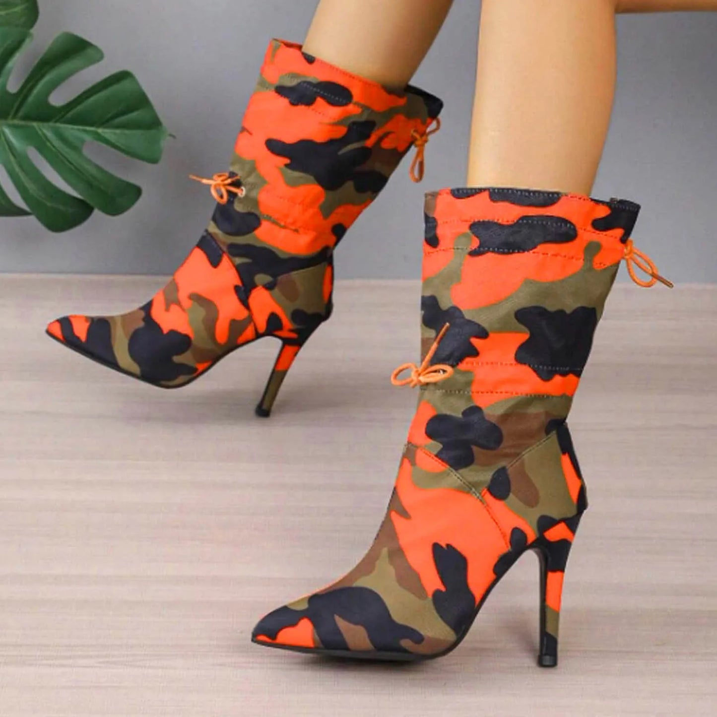 Sexy High Heels For Women Fashion Pointed Toe Stiletto Printed Ankle Boots Elastic Adjustable Strap High Heeled Boots For Women