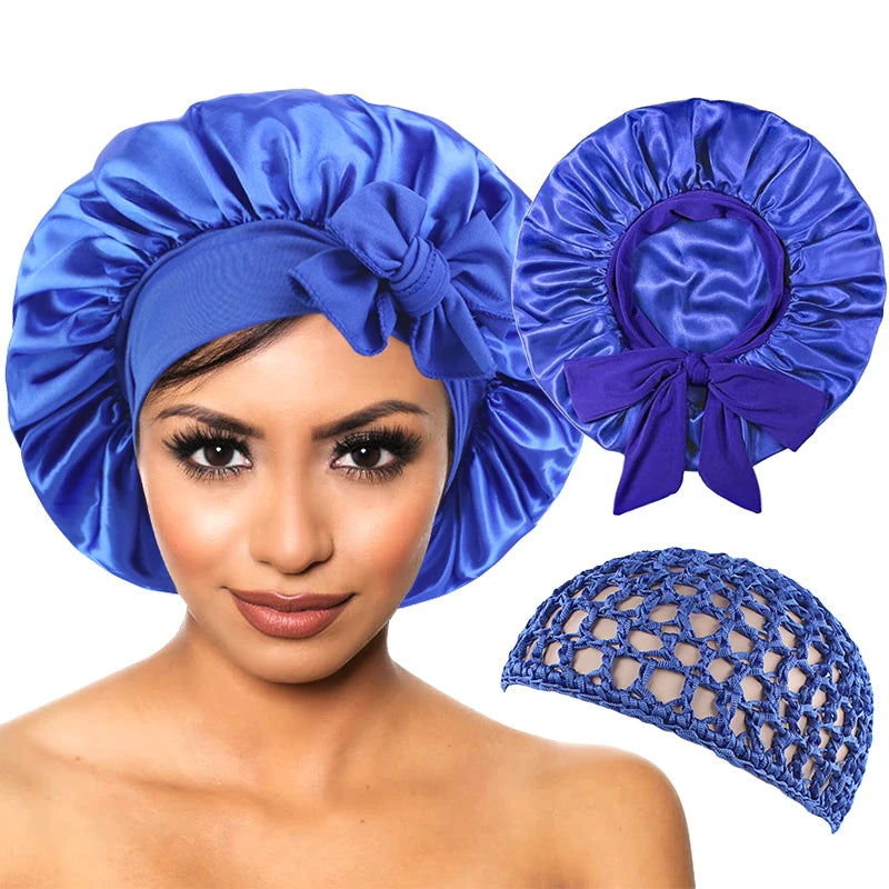 Satin Bonnet Silky Night Sleeping Cap with Stretchy Tie Band - 2pcs