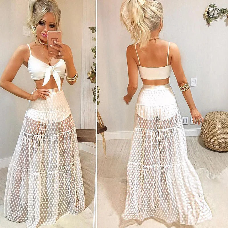 Y2K Korean Style Fashion Floor-Length Long Skirt Summer A-Line Mesh See Through polka Dot Skirt Women High Waist Lace Maxi Skirt