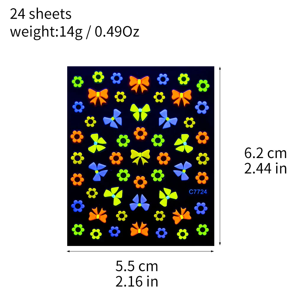 24Pcs 3D Fluorescent Flower/Butterfly Nail Stickers Glow in the Dark Adhesive Decals Neon Floral Sticker for Party Nails Decor *