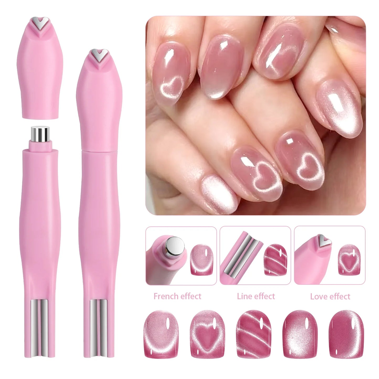 1Pcs 3-In-1 Heart Shape Cat Eye Nail Art Magnet Double Line Moon Snake Pattern French Nail Magnetic Pen Gel Polish Manicure Tool
