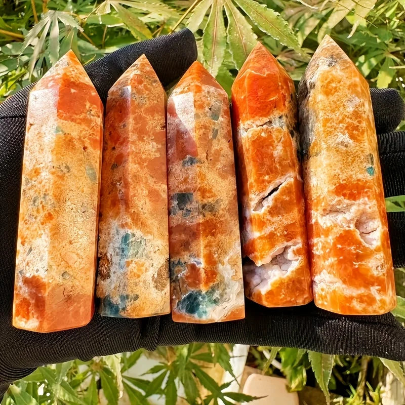 One Piece of Unique Blue Apatite Combined with Sunstone in a Crystal Tower Form - a Natural Gradient from Orange to Blue