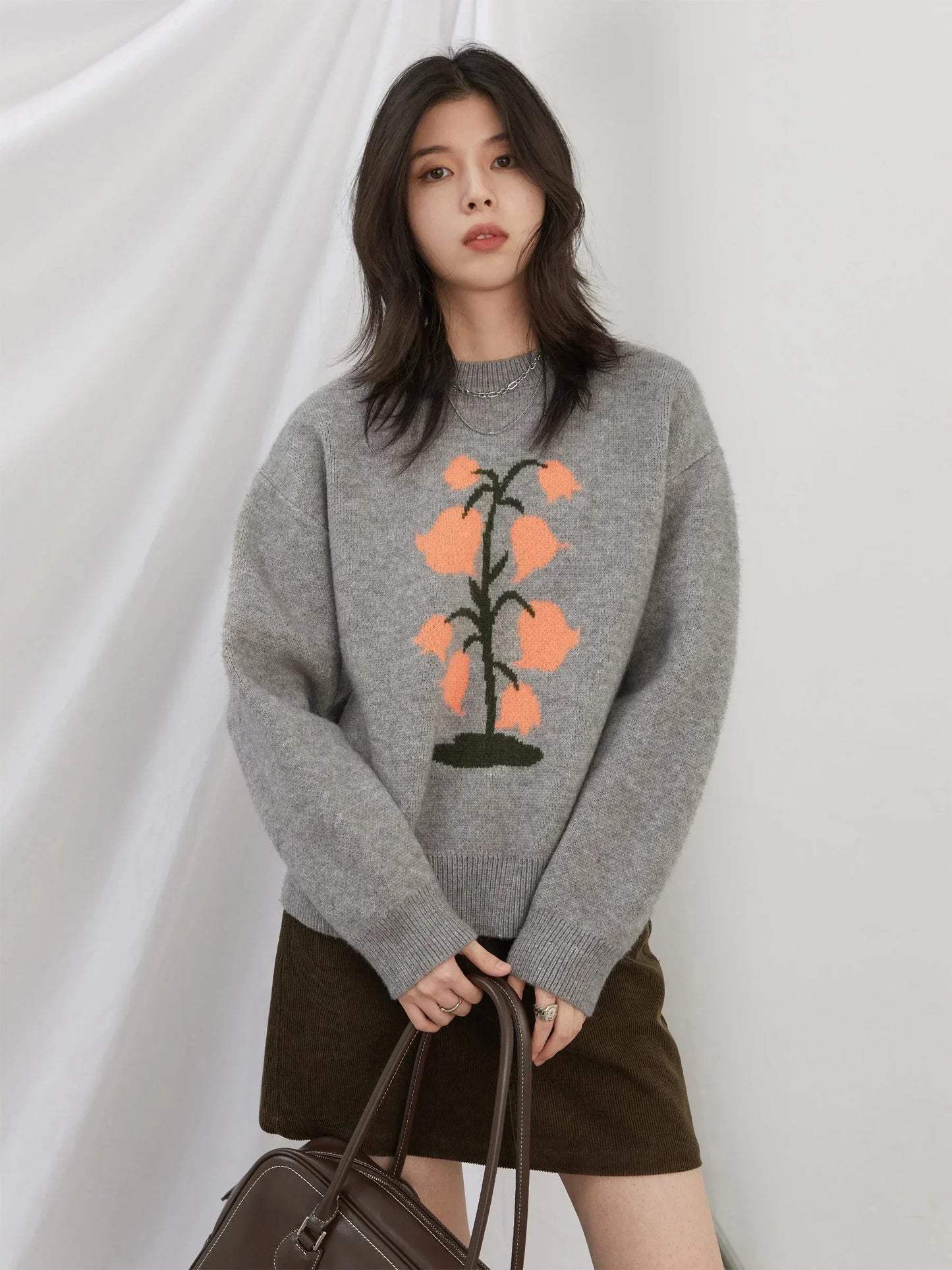 O-Neck Floral Cashmere Sweater Warm Winter Jumper