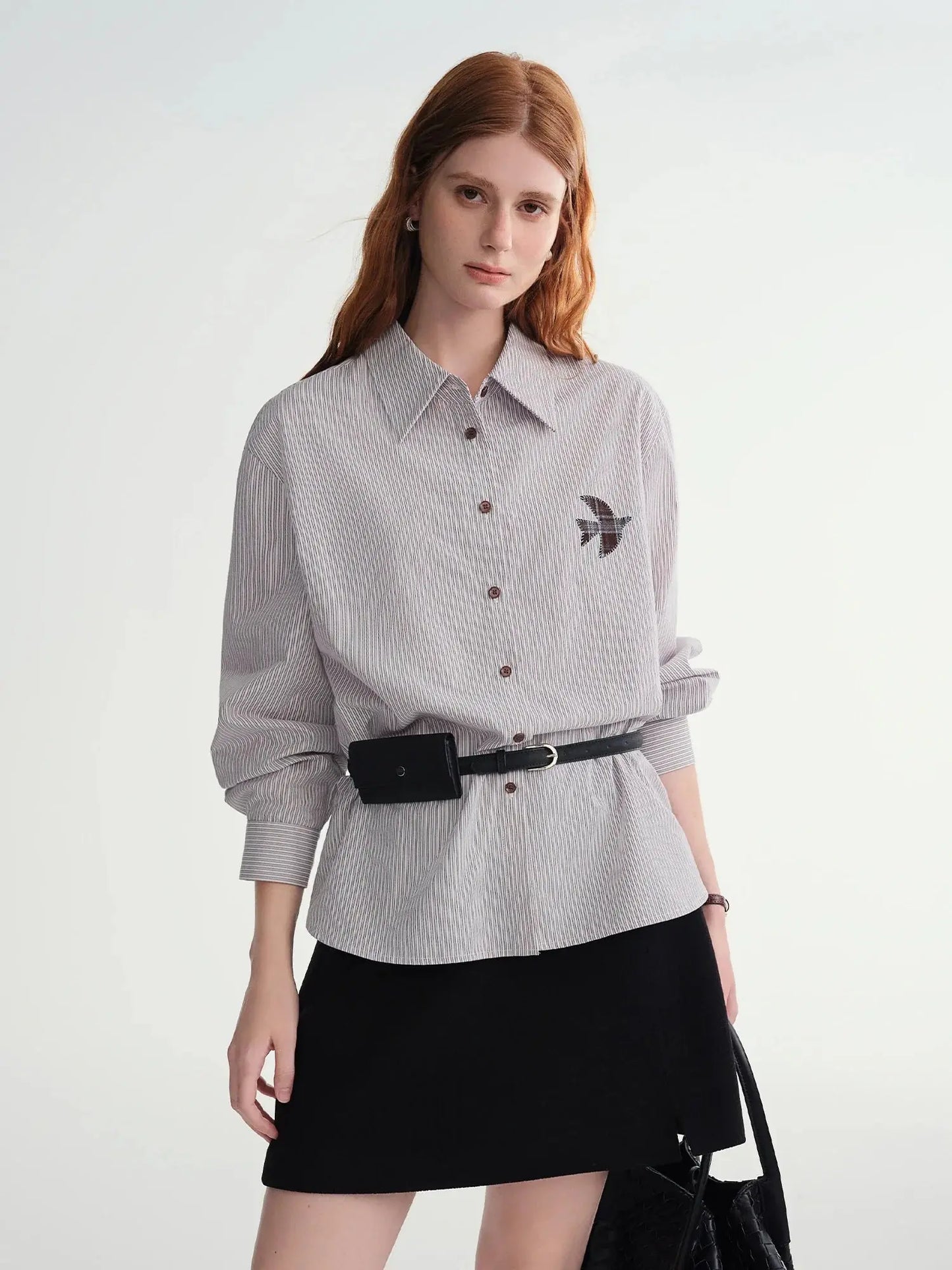 Plus-Size Birds Appliqué Checkered Stripe Shirt