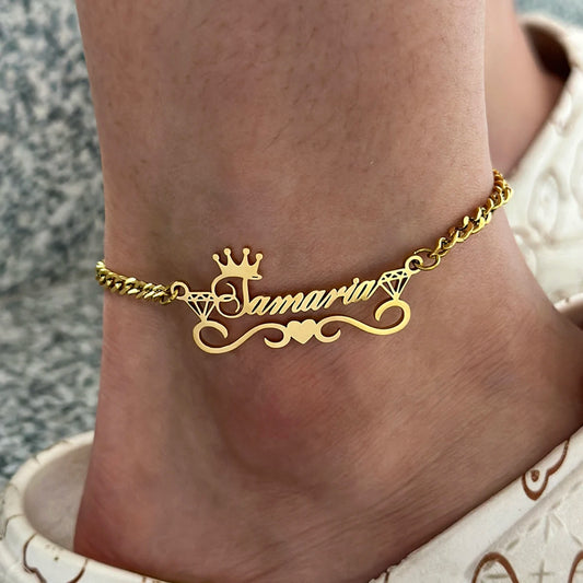 Custom Name Anklet with Crown Personalized Cuban Chain Anklet Stainless Steel Thick Cuban Nameplate Anklet for Women Gift
