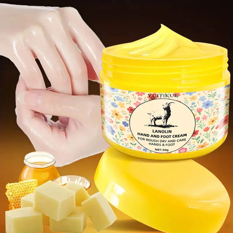 Yellow jar of lanolin hand and foot cream with honeycomb and beeswax on a dark background