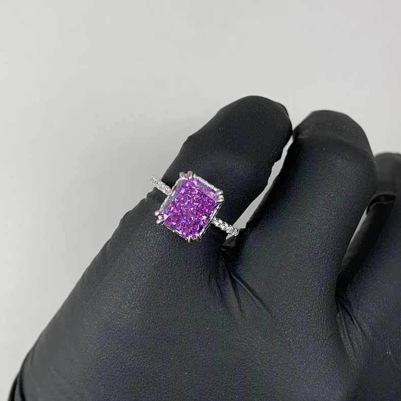Exquisite Princess Purple Crystal Rings for Women Luxury 14K White Gold Plated Engagement Bride Resizable Ring Jewelry