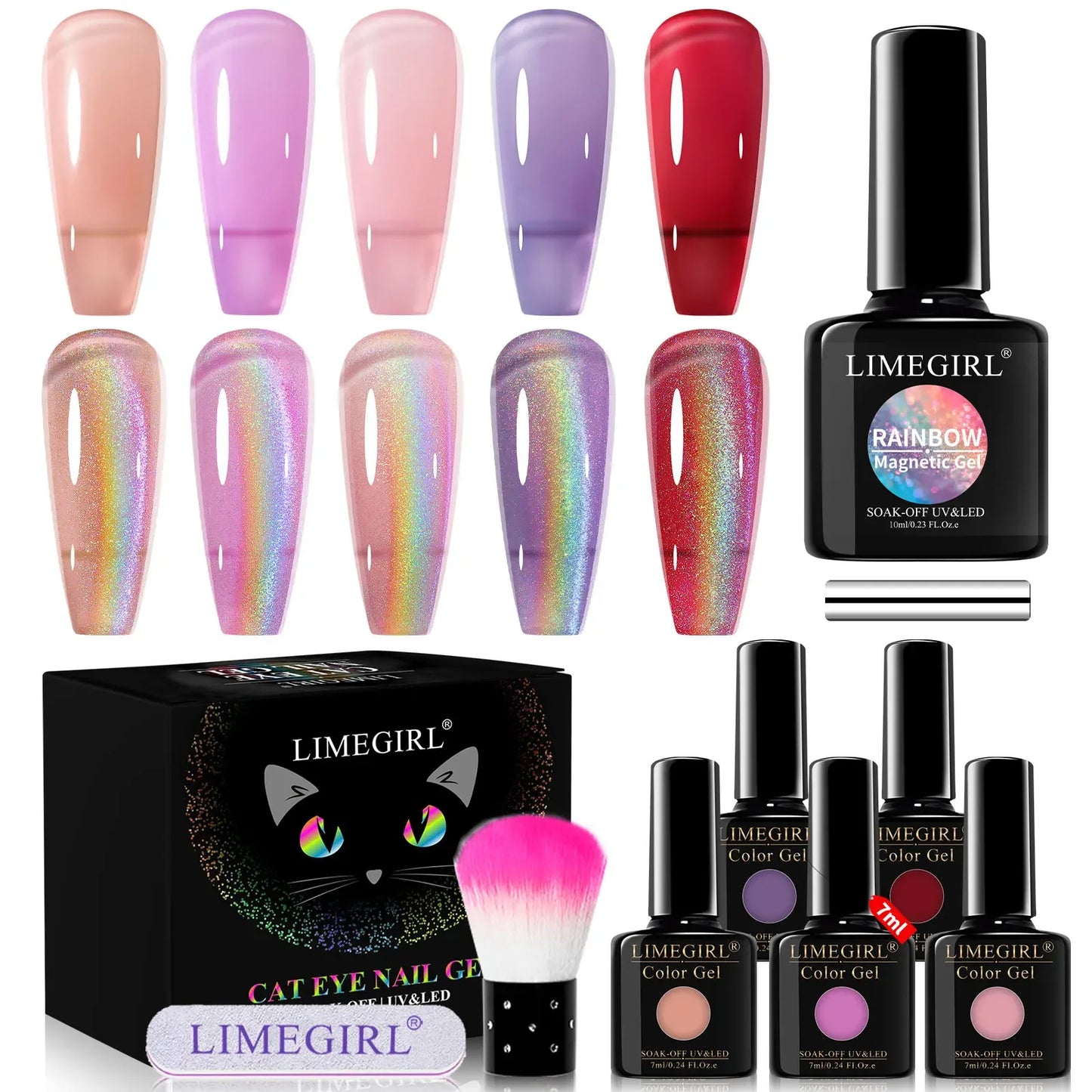 Limegirl 10ML Cat Eye Gel Nail Polish With Magnet Soak off UV Holographic Magnetic Rainbow Gel Polish for Nail Art DIY Manicure