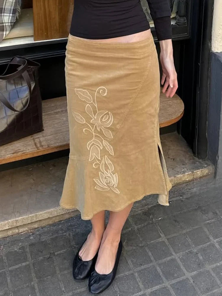Trendix Women's Vintage Midi Skirt 2026 Summer High Waist Slim Ruffle Fishtail Skirts Party Side Slit Elegant Embroidery Skirt