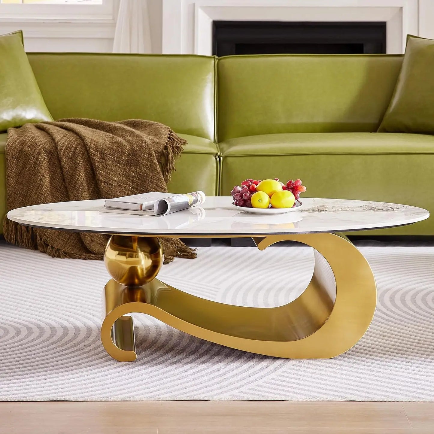 49.2-Inch Modern Oval Faux Marble Coffee Table with Sturdy Gold Metal Base - Luxury Living Room Furniture for Home Decor