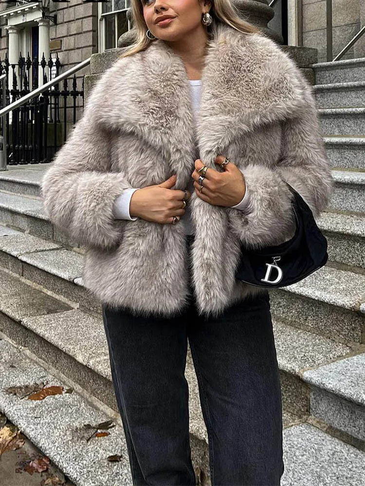 Cropped Faux Fur Coat Long Sleeve Front Snap-button Female Outerwear Chic Lapel Collar Thick Coat